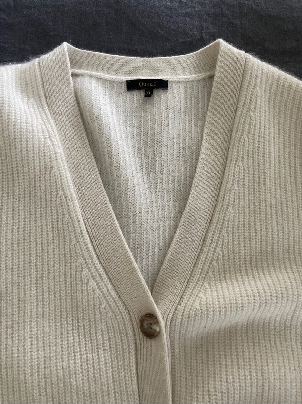 Quince Cream Ribbed V-Neck Cardigan - Picture 14 of 14